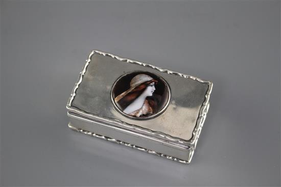 An Edwardian silver and enamelled cabochon set rectangular box and hinged cover, the enamel decorated with the bust of a lady